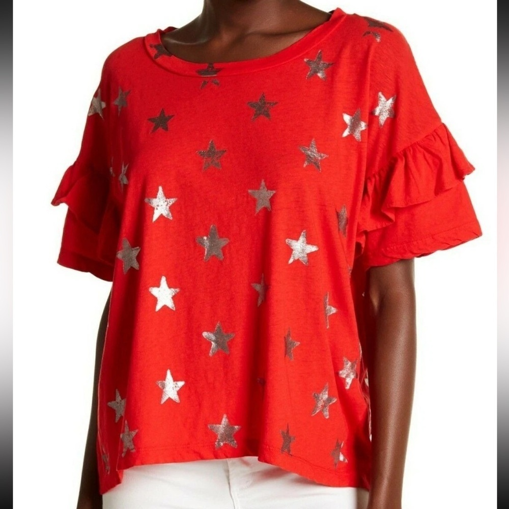 Current Elliot Ruffle Roadie Tee Shirt Red Silver Foil Stars